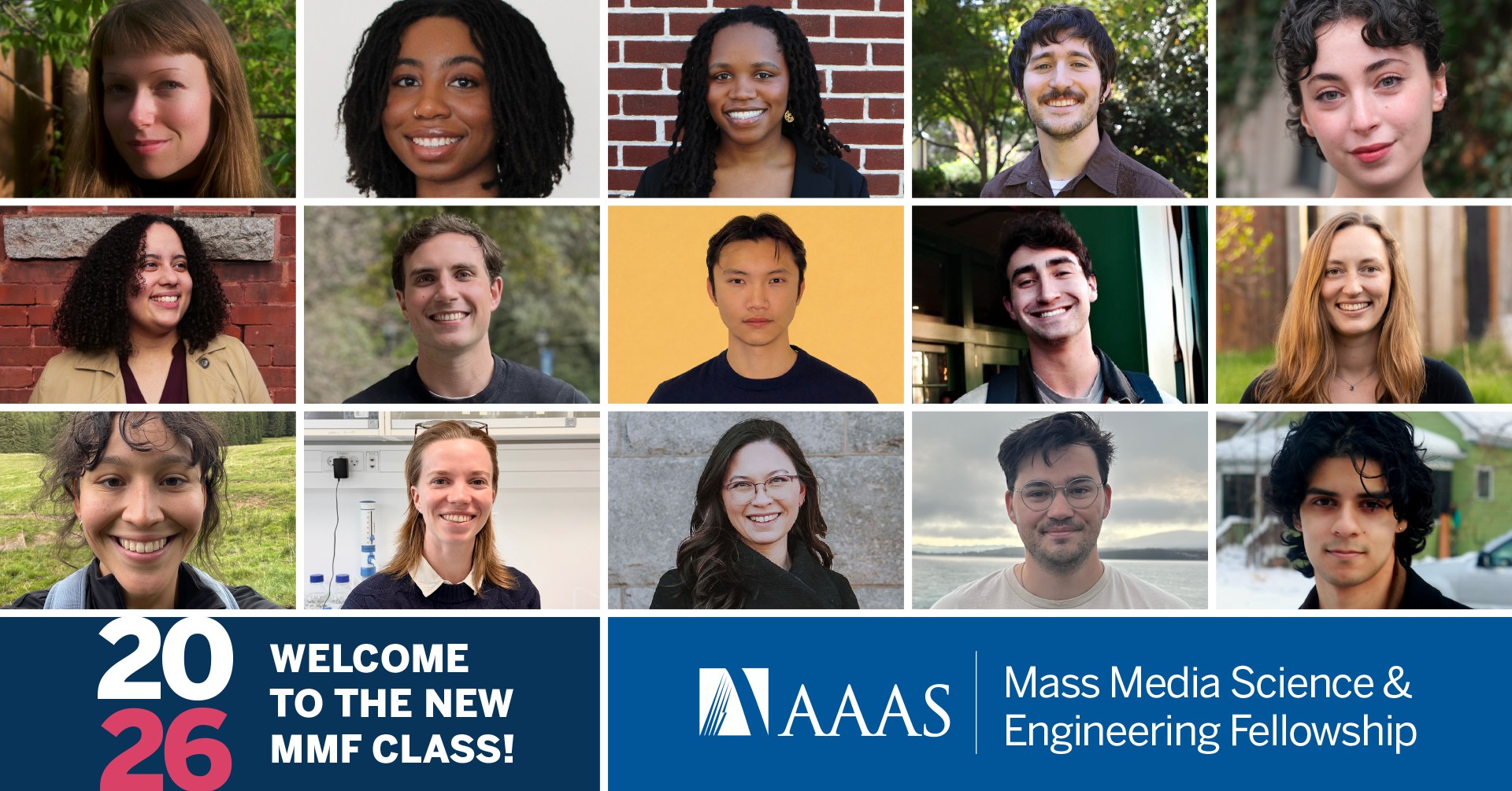 Portrait grid of the 2026 AAAS Mass Media Fellows